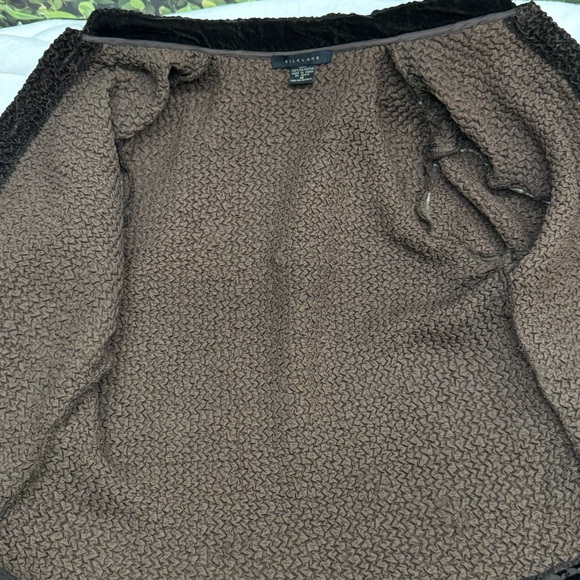 {Silkland} VTG Chocolate Brown Crinkle Knit Cardigan Jacket, Velvet Floral Trim - Picture 9 of 12